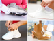A collage of four images showing the Kleva Range Make old shoes look new! Kleva Clean Sneaks Automatic Shoe Cleaner in action: foaming and brushing dirty sneakers, tying clean laces, and cleaning a tan ankle boot.