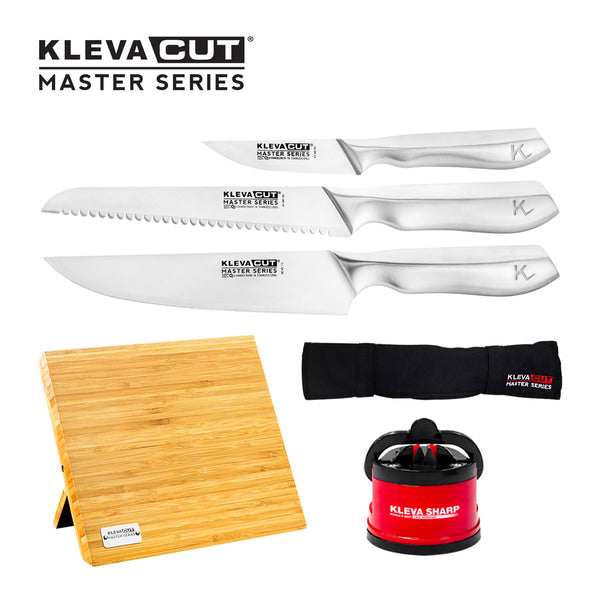 KlevaCut® Master Series 3pc Premium Kitchen Knife Set with FREE Sharpener & Block