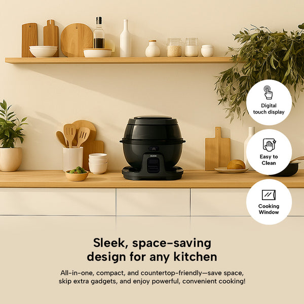 Kleva Kleva Rotating Crisp Air Fryer on a kitchen bench, surrounded by minimalist wooden and ceramic decor.