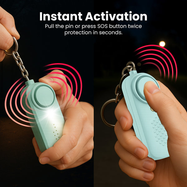 Hands activating personal alarm with pull pin and SOS button