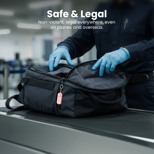 Personal alarm attached to travel bag at airport security checkpoint