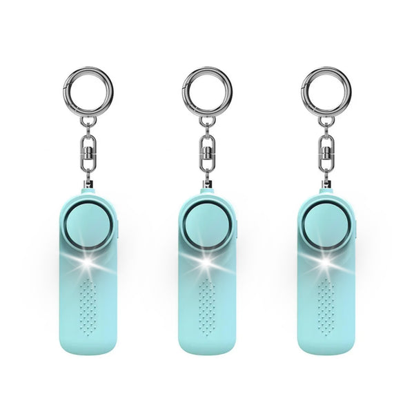 Three Pack blue personal safety alarms with LED flashlights activated