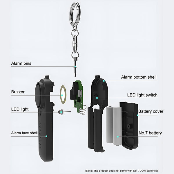 Exploded view of personal alarm components and internal parts