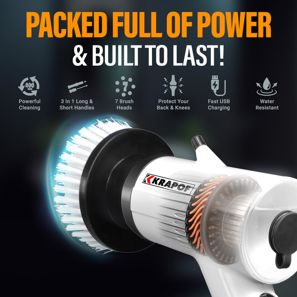 KRAPOF® Electric Cordless Tough Scrub Excel Pro with 7 Replaceable Cleaning Heads