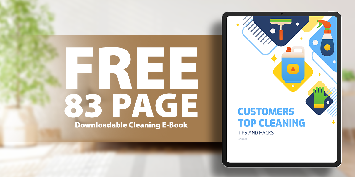 An advertisement displaying a tablet with a cleaning e-book cover, featuring bottles and tools, next to text reading FREE 83 PAGE Downloadable Cleaning E-Book on a blurred indoor background.