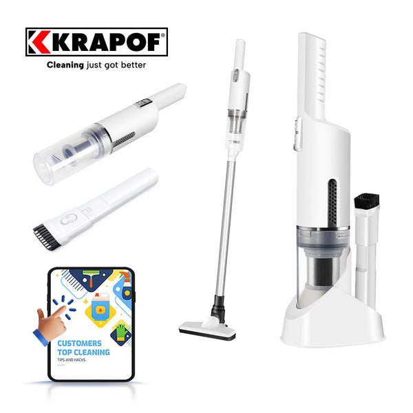 KRAPOF 2-in-1 cordless vacuum cleaner with handheld unit, stick extension, charging dock, and cleaning brush accessories.