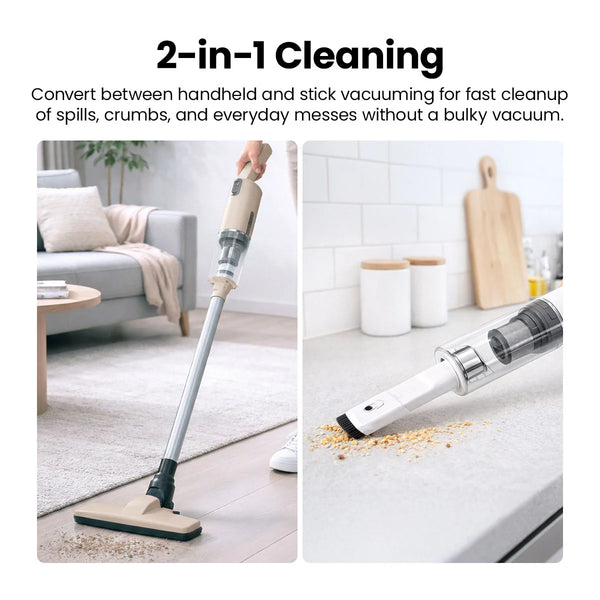 2-in-1 cordless vacuum cleaner used as a stick vacuum on floors and a handheld vacuum for countertop crumbs.