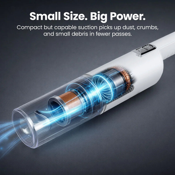 Cordless handheld vacuum motor and airflow system showing strong suction for dust, crumbs, and small debris