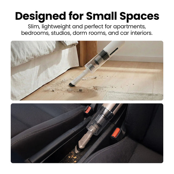 Slim handheld vacuum cleaning under a bed and inside a car interior for tight spaces and corners