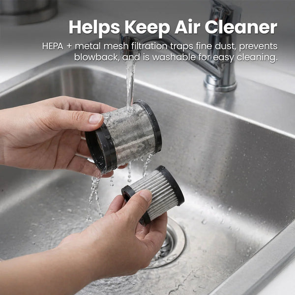 Washable HEPA and metal mesh vacuum filter being rinsed under a kitchen sink