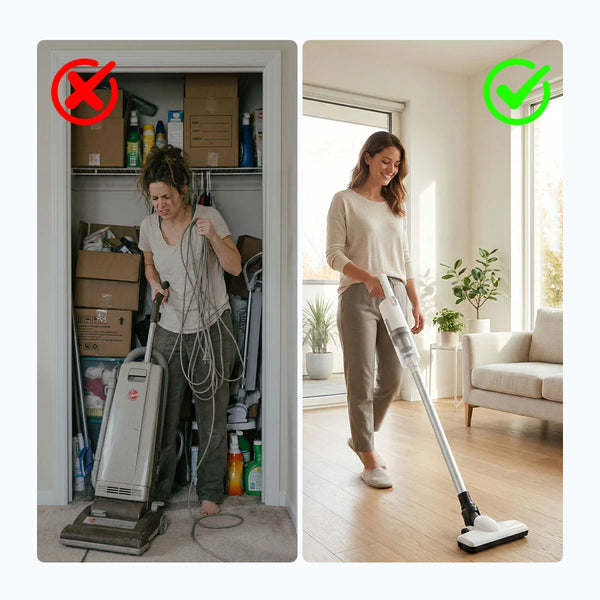 Comparison showing bulky corded vacuum in a cluttered closet versus lightweight cordless stick vacuum cleaning an open living space