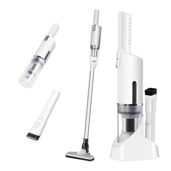 The KRAPOF® 2-in-1 FlexiVac Cordless Vacuum by Kleva Range features detachable components—handheld unit, long pole with floor brush, narrow nozzle, and charging base—cleanly arranged against a white background. Includes HEPA filter.