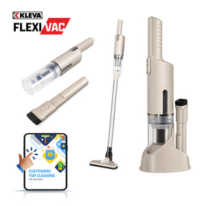A beige KRAPOF® 2-in-1 FlexiVac Cordless Vacuum from Kleva Range—engineered for use as both a handheld and stick vacuum, complete with a HEPA filter and multiple attachments such as a brush and nozzle—is displayed beside a digital tablet featuring a “Customers Top Cleaning Tips” screen.