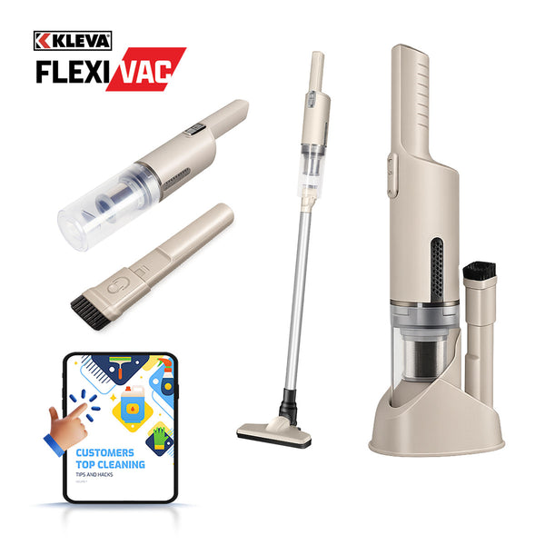 A beige KRAPOF® 2-in-1 FlexiVac Cordless Vacuum from Kleva Range—engineered for use as both a handheld and stick vacuum, complete with a HEPA filter and multiple attachments such as a brush and nozzle—is displayed beside a digital tablet featuring a “Customers Top Cleaning Tips” screen.