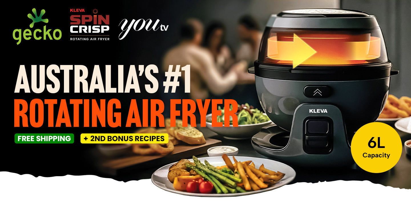 Kleva rotating air fryer with food and promotional text on a dark background