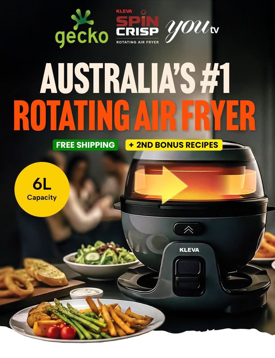 Kleva rotating air fryer with food and promotional text on a dark background