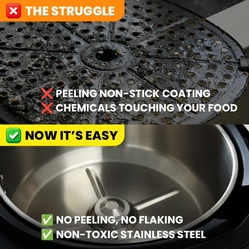 Comparison of peeling non-stick coating on a grill lid with a stainless steel lid, highlighting the benefits of stainless steel.