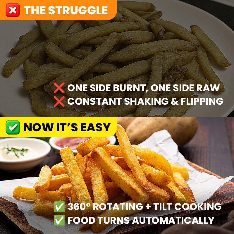 Comparison of burnt and raw fries with text highlighting issues and solutions.