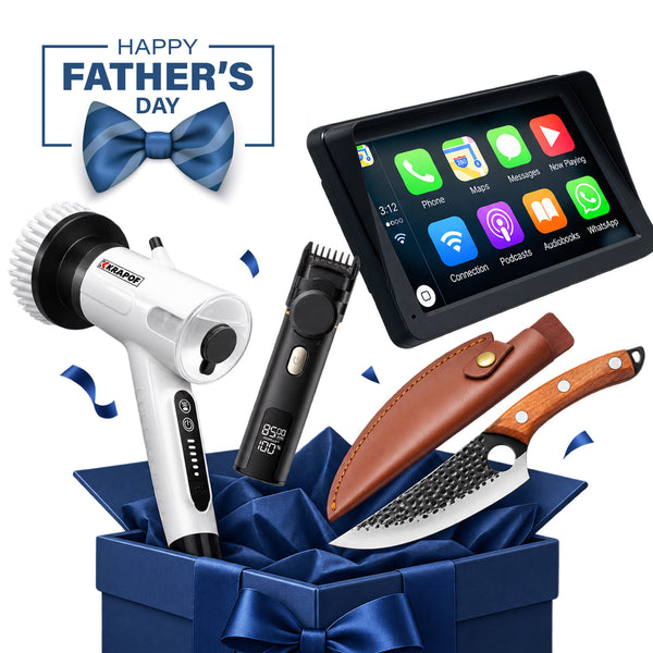 A blue gift box from Kleva Range’s “Dad’s Big Boy Toys | Smart Tech, Tools & Everyday Essentials” features a hair dryer, trimmer, knife with sheath, and tablet—perfect Dad gifts for any occasion. Topped with a blue bow tie reading “Happy Father’s Day,” this versatile set is joined by other popular choices such as BBQ tools and car gadgets, making it a thoughtful pick for Father’s Day gifting.