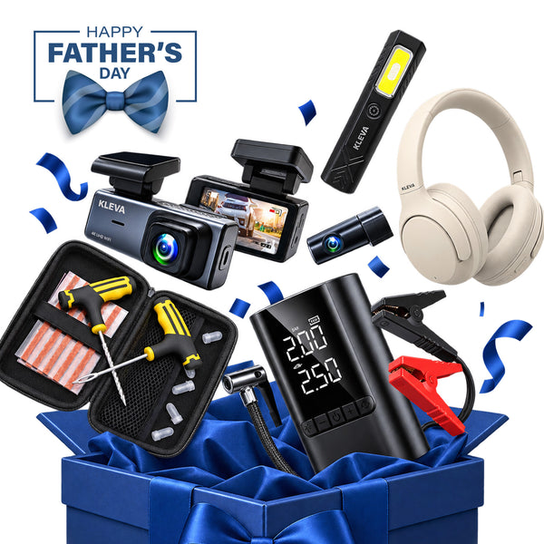 A blue gift box with a bow holds the Kleva Range Ultimate Dad’s Survival Kit | Car Emergency & Roadside Essentials, featuring a dash cam with night vision, headphones, tire inflator, toolset, flashlight, and jumper cables. Blue confetti and a “Happy Father’s Day” message with a bow tie decorate the background.