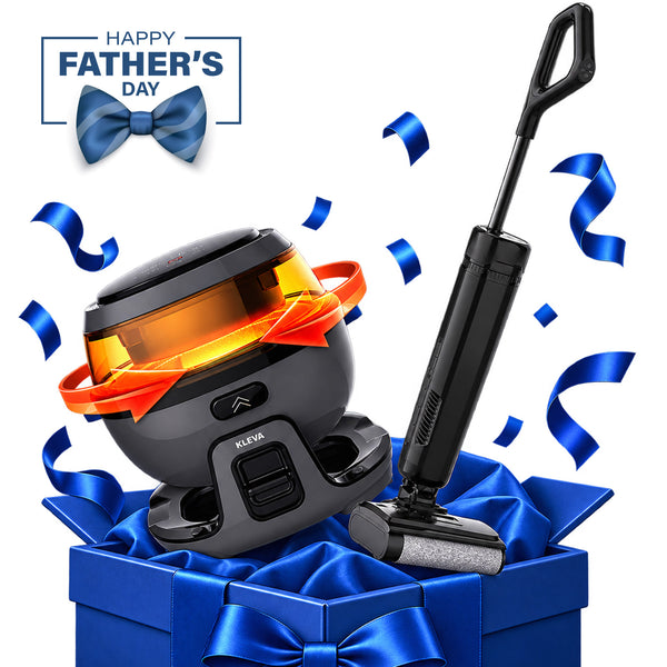 A Dad’s Deluxe Crisp & Clean Kit—featuring the Spin Crisp Air Fryer and FX5 Floor Washer by Kleva Range—is displayed in a blue gift box with blue ribbons. A “Happy Father’s Day” message with a blue bow appears at the top left, making this Kleva Range bundle the perfect gift for Dad.