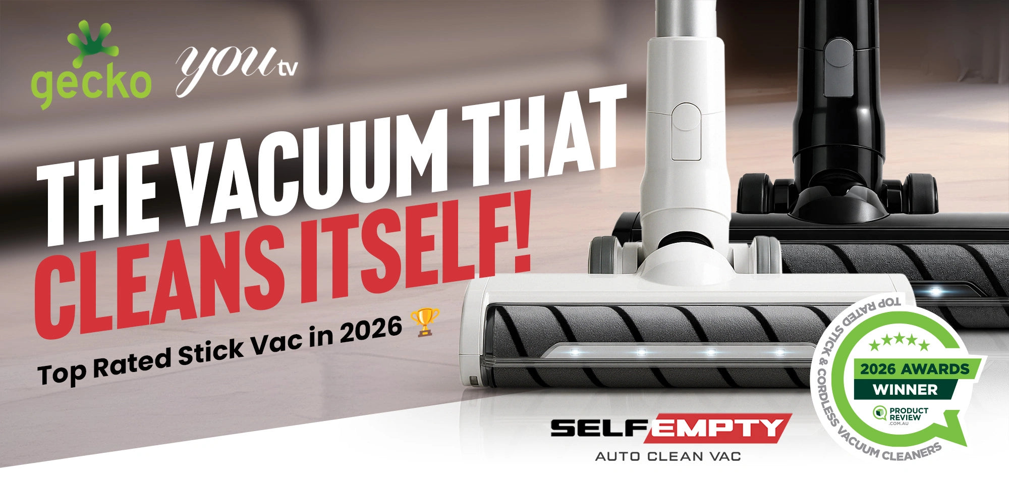 Gecko Self-Empty auto clean vacuum cleaner with text highlighting its features.