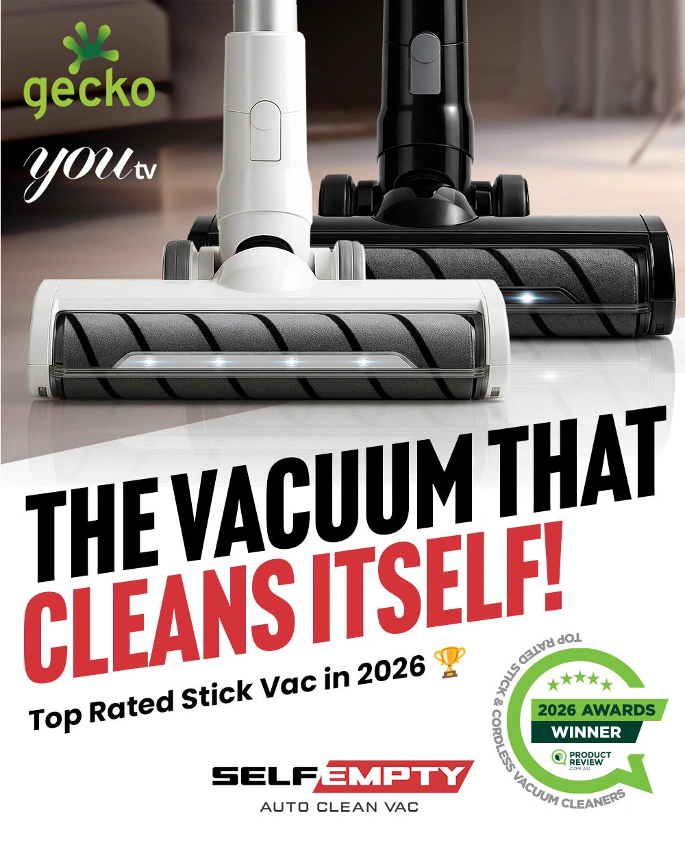Gecko Self-Empty auto clean vacuum cleaner with text highlighting its features.