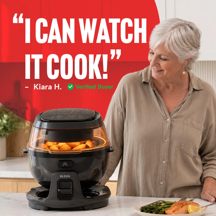 A smiling owner watches potato wedges crisp through the Spin Crisp lid, with her review: I can watch it cook!