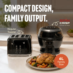 The Spin Crisp on a kitchen bench next to a four-slice toaster, for size.