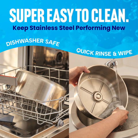 The stainless steel pot in a dishwasher, and being rinsed under a tap.