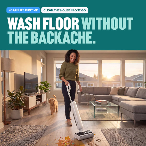 In a sunlit living room, a woman uses the Kleva Range Dad’s Deluxe Crisp & Clean Kit FX5 Floor Washer—with rapid-dry technology—to clean up spilled food, while her dog waits behind her. Text reads: Wash floors without the backache. Banners highlight up to 45 minutes runtime and Clean your house in one go.