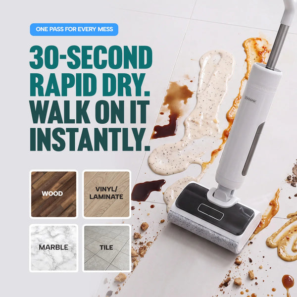 The Kleva Range Dad’s Deluxe Crisp & Clean Kit | Spin Crisp Air Fryer + FX5 Floor Washer is shown cleaning a white floor with brown and beige spills. The FX5 Floor Washer features 30-second rapid-dry technology, ideal for wood, vinyl laminate, marble, and tile surfaces—each surface displayed by four floor swatches. A mop handle from the kit is also visible in the scene.