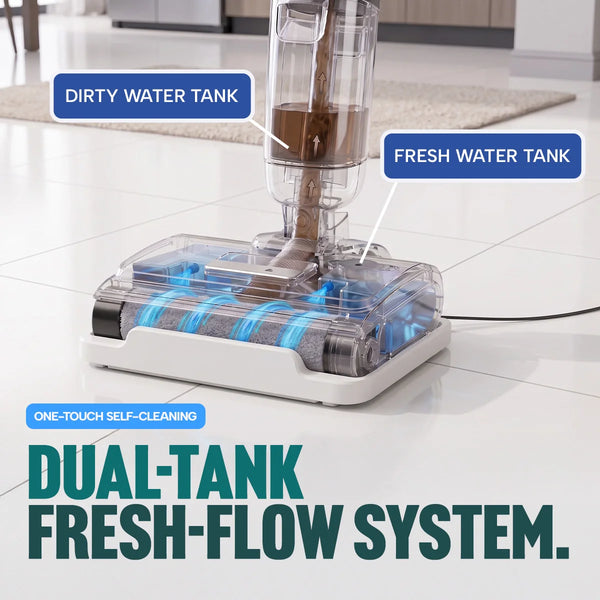 A close-up of the Kleva Range Dad’s Deluxe Crisp & Clean Kit FX5 Floor Washer, featuring two transparent tanks clearly labeled for dirty and fresh water. The floor washer displays visible cleaning rollers and rapid-dry technology, with “Dual-Tank Fresh-Flow System” highlighted on the image.