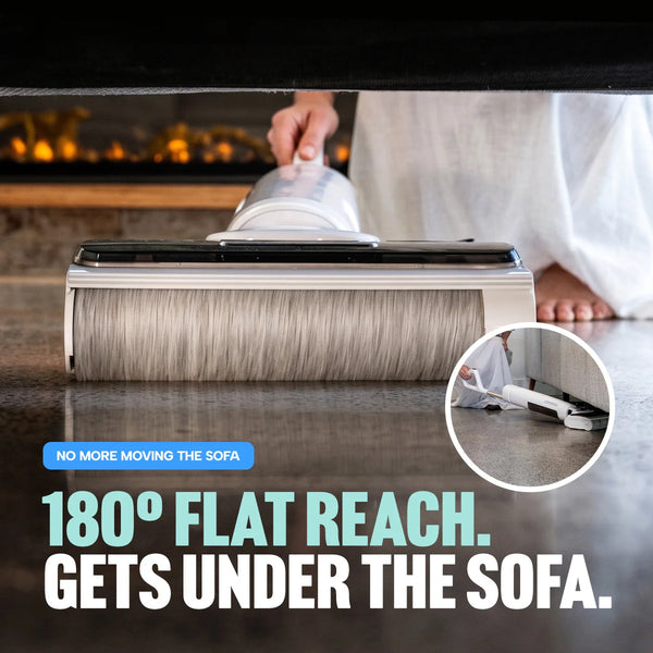 A Kleva Range Dad’s Deluxe Crisp & Clean Kit FX5 Floor Washer with a flat, 180-degree reach easily cleans under the sofa. A hand holds the washer while an inset shows it in action. Text reads: 180° flat reach—gets under the sofa for easier and more efficient cleaning than ever.