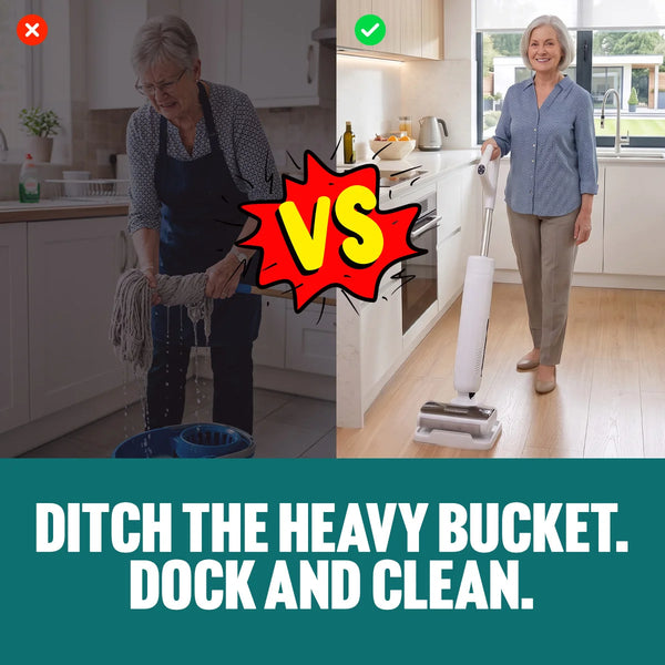 Split image: Left side shows a woman wringing a mop over a bucket, looking tired; right side shows a woman smiling and holding the Kleva Range FX5 Floor Washer from Dad’s Deluxe Crisp & Clean Kit, featuring built-in rapid-dry technology. Text reads: DITCH THE HEAVY BUCKET. DOCK AND CLEAN WITH KLEVA RANGE.