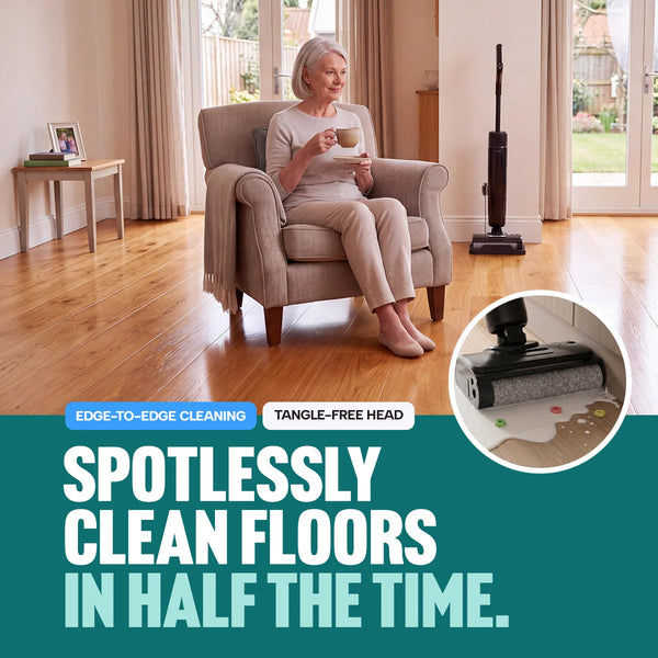 An older woman relaxes in an armchair, enjoying a cup of tea, with the Kleva Range Dad’s Deluxe Crisp & Clean Kit—featuring the Spin Crisp Air Fryer and FX5 Floor Washer—behind her in a bright living room. An inset highlights the FX5 swiftly cleaning up a spill with rapid-dry technology. Text reads: Spotlessly clean floors in half the time.