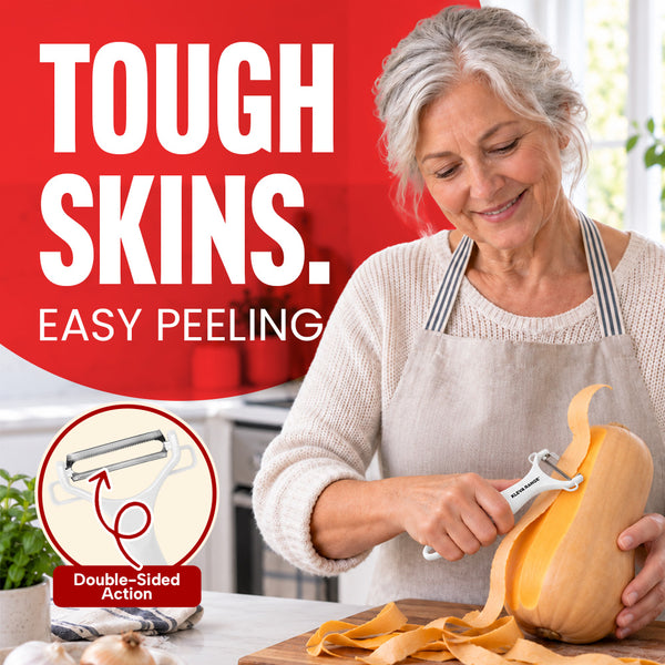 A woman wearing an apron uses the Kleva Range Precision Peeler With Ultra Sharp Double-Sided Stainless Steel Blades on a butternut squash in her kitchen. Text reads: Tough Skins. Easy Peeling. An inset image features the peeler labeled Double-Sided Action, while peels are scattered across the counter.