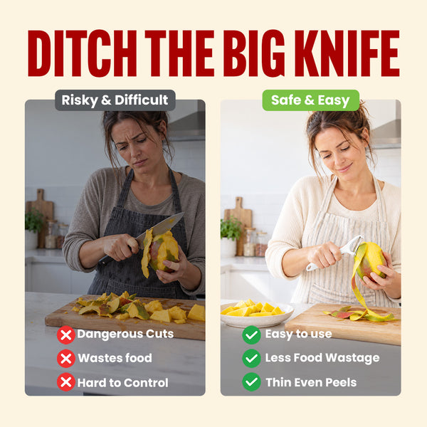 A split image shows a person cutting a mango with a large knife on the left—labeled “risky and difficult”—and on the right, someone using the Kleva Range Precision Peeler With Ultra Sharp Double-Sided Stainless Steel Blades, labeled “safe and easy.” Lists compare the dangers of peeling with a knife to the benefits of using the Kleva Precision Peeler, such as improved safety and effortless peeling.