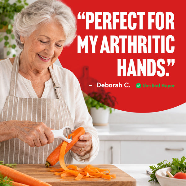 An older woman in an apron peels a carrot in a bright kitchen using her Kleva Precision Peeler With Ultra Sharp Double-Sided Stainless Steel Blades from the Kleva Range. Large text beside her reads, “Perfect for my arthritic hands.” The ultra-sharp double-sided stainless steel blades make food prep simple and effortless. The testimonial is attributed to Deborah C., a verified buyer.