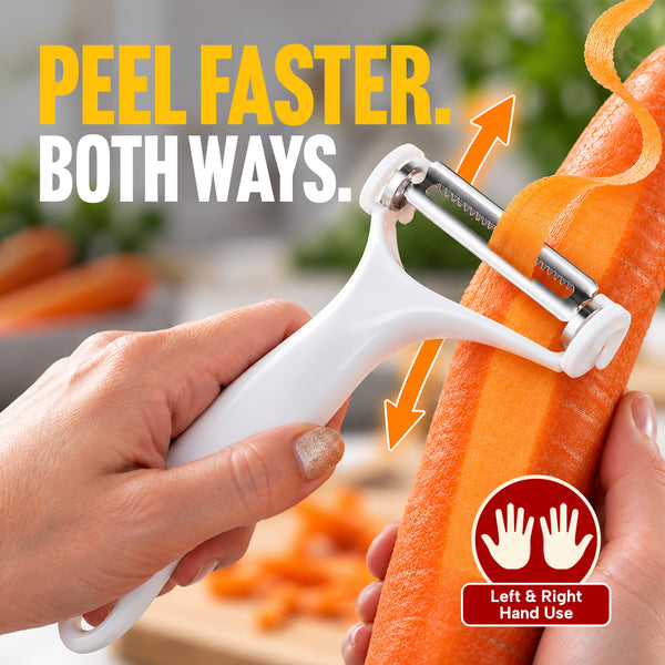 A hand peels a carrot with the white Y-shaped Kleva Range Precision Peeler, featuring ultra sharp double-sided stainless steel blades. Text on screen reads, PEEL FASTER. BOTH WAYS. An icon indicates Left & Right Hand Use, showcasing the versatility of the Kleva Precision Peeler.