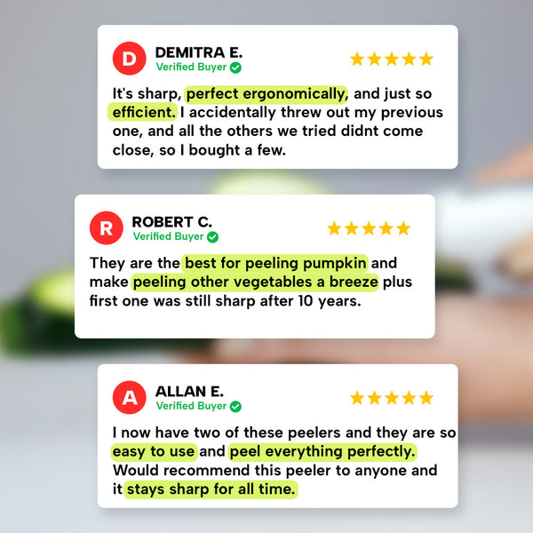 Three customer reviews praise the Kleva Precision Peeler With Ultra Sharp Double-Sided Stainless Steel Blades from Kleva Range, highlighting its sharpness, ergonomic design, and efficiency in easily peeling a variety of vegetables; each review features positive remarks about the durable double-sided stainless steel blades and overall top-notch performance.