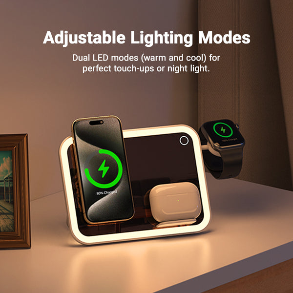 Kleva 3-in-1 Mirror Wireless Charger for Apple With Dual LED Lighting Modes