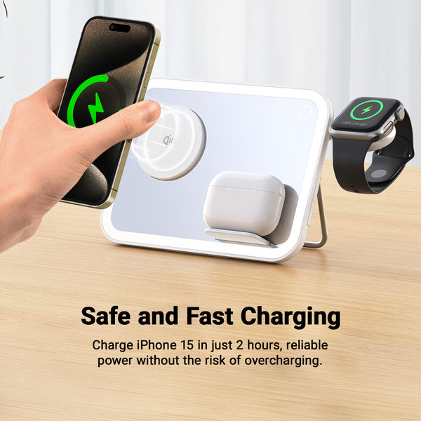 Kleva 3-in-1 Mirror Wireless Charger for Apple With Dual LED Lighting Modes