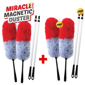 Two Kleva Range Miracle Magnetic Duster® sets with black handles and telescopic 2-meter extension poles are shown. Each fluffy red, white, and blue duster features a “FREE” badge. Text reads: "Miracle Magnetic Duster® Attracts Dust Like A Magnet!.