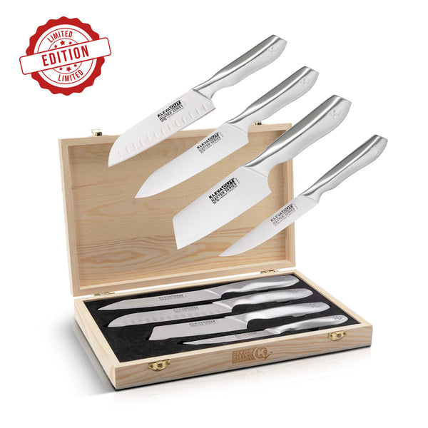 The Kleva Range KlevaCut® LIMITED EDITION 4 Piece Premium Knife Set includes four Japanese Vamolcrium steel kitchen knives in a bamboo case, each with matching handles and a red Limited Edition seal on the top left corner.