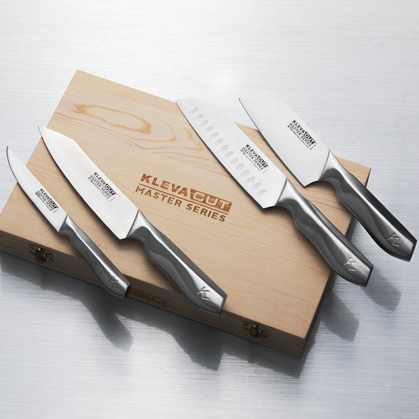 The KlevaCut® LIMITED EDITION 4 Piece Premium Knife Set from Kleva Range, made with Japanese Vamolcrium steel, is displayed next to a BONUS bamboo case—an essential premium set for any chef.