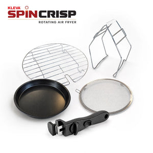 The KLEVA® Spin Crisp Cooking Accessories Set by Kleva Range is shown on a white background, including a grill tray, wire rack, raised rack, baking tray, mesh screen, and black detachable handle. The Kleva SpinCrisp logo is at the top left.