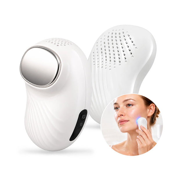 The KLEVA® AestheraX Hot & Cold Therapy Massager by Kleva Range is a white handheld device with a metallic head, textured back, and power button—shown used on the cheek with blue light, ideal for de-puffing and glowing skin.