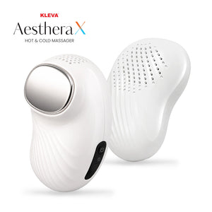 The KLEVA® AestheraX Hot & Cold Therapy Massager by Kleva Range features a smooth metal surface, ridged ergonomic design, visible power button and vent holes—ideal for facial depuffing and massage in your skincare routine.