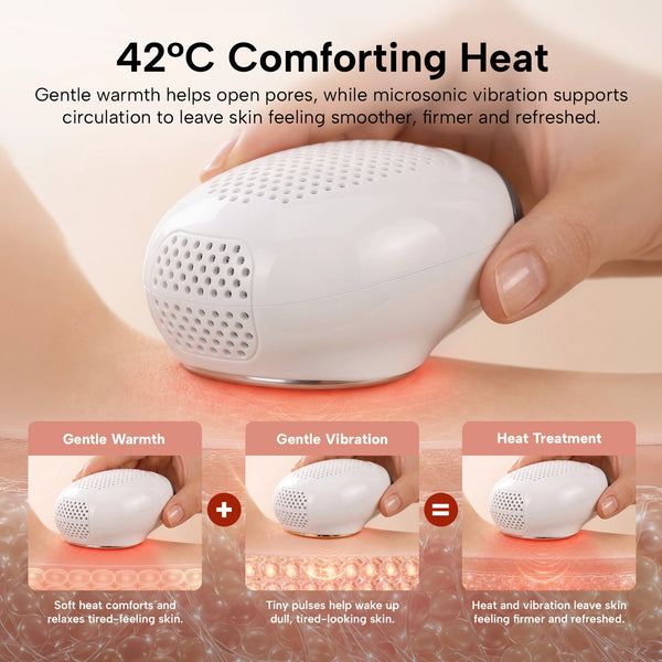 The KLEVA® AestheraX Hot & Cold Therapy Massager by Kleva Range is shown in use, emitting gentle warmth. Text highlights its soothing warmth, vibration, and heat for de-puffing and glowing skin. Three images illustrate its effects on the skin.
